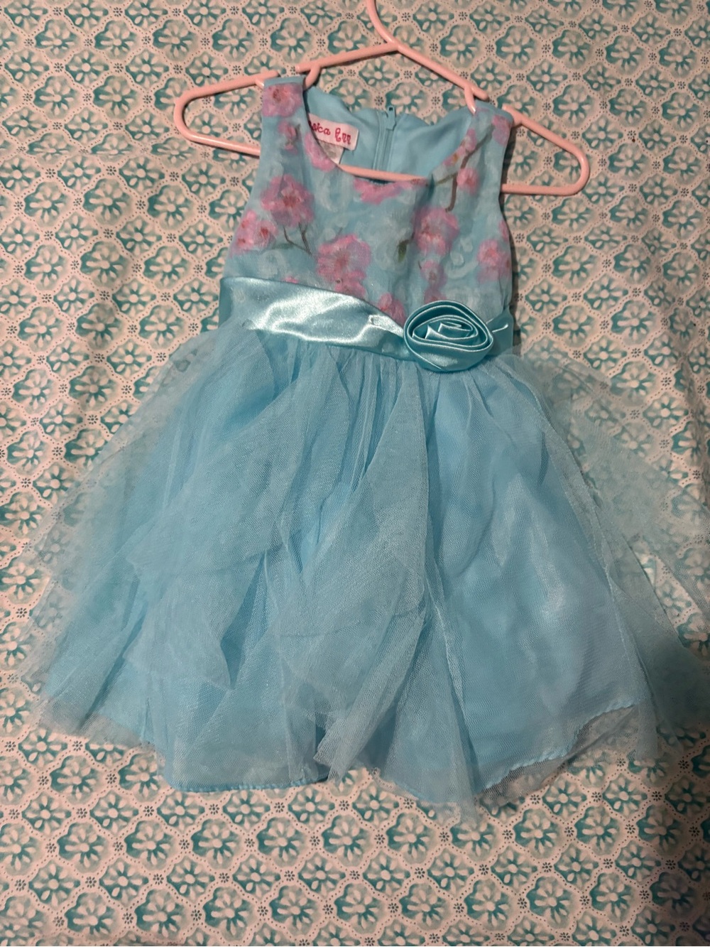 Jessica Ann Light Blue Floral Tulle Dress with Satin Rosette